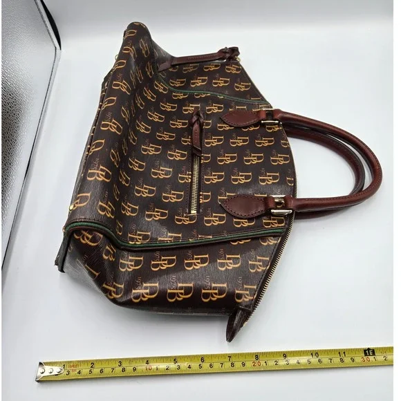 Dooney & Bourke Monogram Satchel Bag Brown Gold DB‎ Logo 1975 Leather Trim - Picture 9 of 11